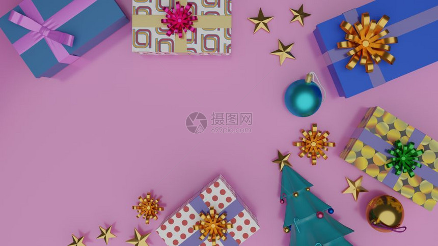 颜色礼物盒和圣诞树的顶端视图粉红背景上闪亮的球空着间圣诞快乐和新年3D插图红色的庆典图片