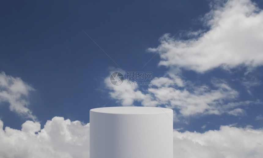 圆形的奖工作室白色圆筒产品讲台有毛云背景并复制空间摘要和最低度概念3D图解提供形设计表情图片