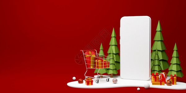 圣诞节购物雪最小的配圣诞礼物智能手机和购物车用于网上广告的场景三幅插图产品设计图片