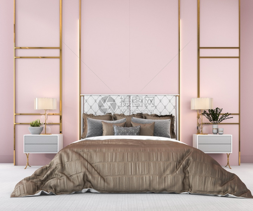建成酒店枕头3d以扫描禽风格制作陈年粉红色最小模拟卧室图片