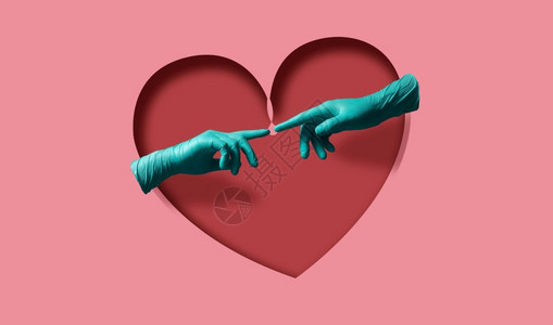 因在心上浪漫尝试在科罗纳期间的爱和关系与医疗手套两概念试图触摸更近漂浮在红心上情人节设计图片