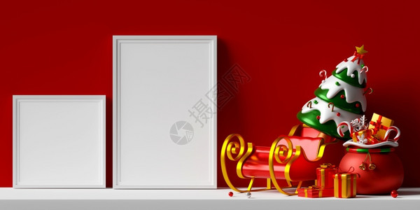 圣诞架问候3d插图2个带有雪橇和圣诞袋的摄影架模型礼物圣诞老人设计图片