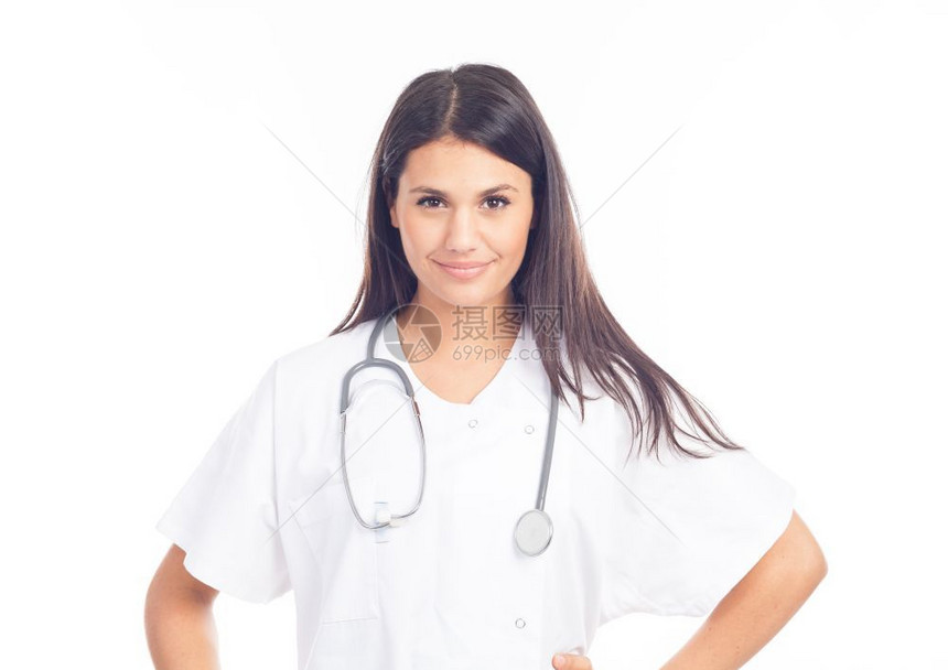 戴着听诊器穿白大衣微笑的女医生图片