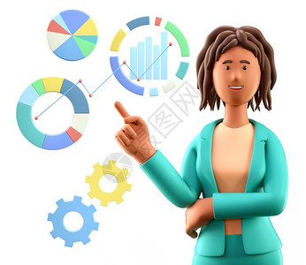 使成为办公室3D插图非洲美妇女用图表信息和式仪板来指向制作思想分析商业战略的Cute漫画女商人金融设计图片