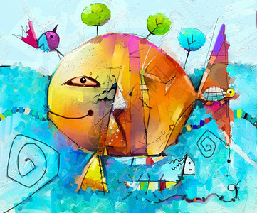 旅行抽象的五颜六色幻想油丙烯画半抽象的树鱼和鸟在风景夏季节自然背景手绘儿童画风格卡通片背景图片
