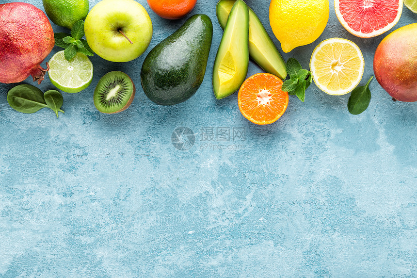 不同选择的多汁有机热带水果超级食品健康膳概念物背景的顶端视图饮食吃牛油果图片