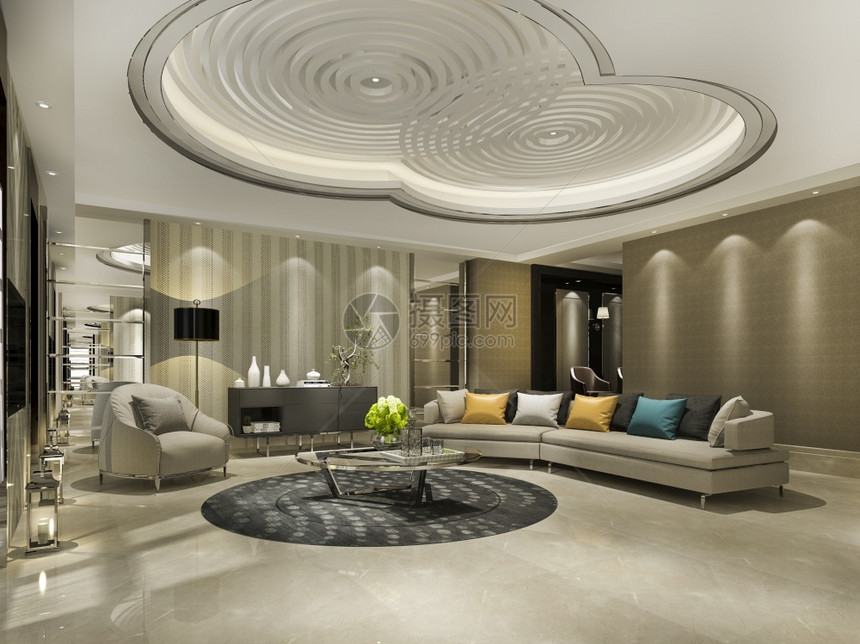 3D在客厅内用沙发和吊灯制造奢华豪的经典墙壁屋内部的建造图片