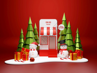 圣诞节手机墙纸产品以智能手机概念雪人智能手机和地礼品盒3D插图在雪地上装有人和礼品盒宣传册设计图片