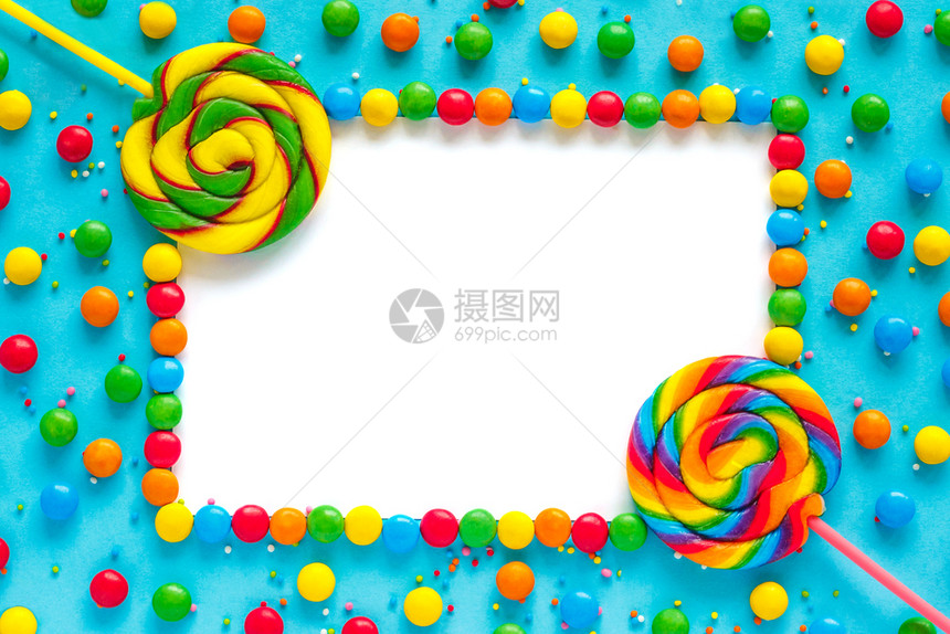 明亮的字母彩虹糖果背景框架模型孤立贺卡顶视图平面空的图片
