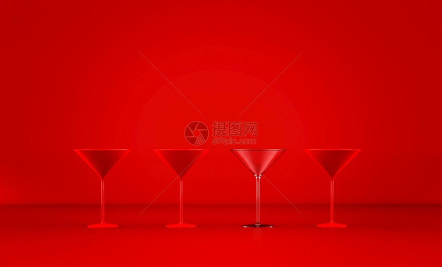 红色背景3D插图上孤立的鸡尾玻璃组庆典俱乐部清除图片