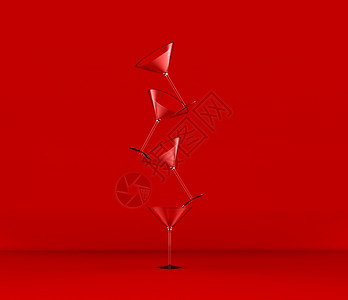 反射夜生活红色背景3D插图上孤立的鸡尾玻璃组马提尼图片