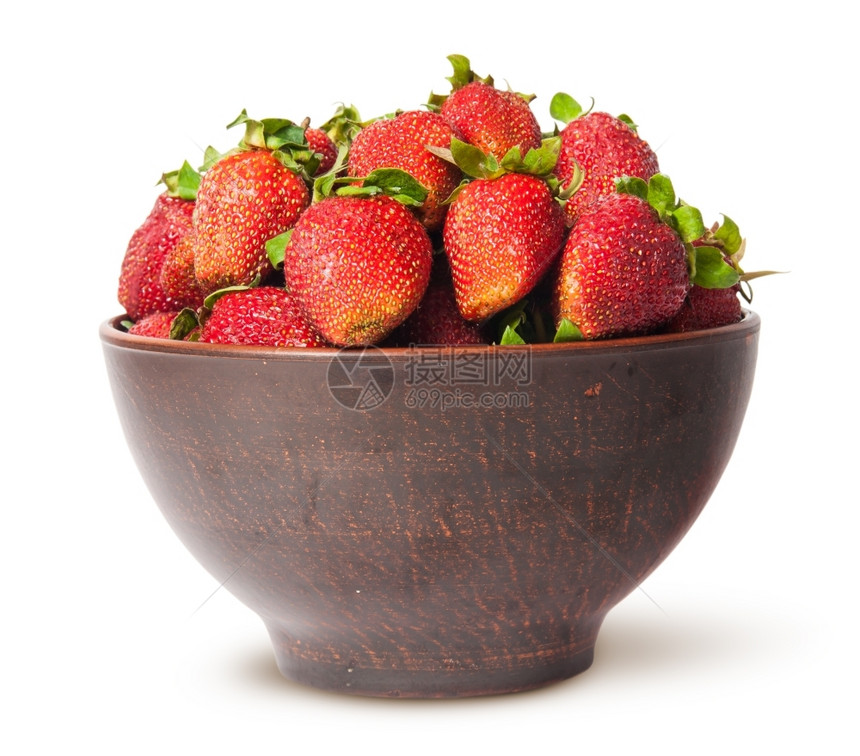在一个陶瓷碗中用白色背景隔绝的陶瓷碗里提取多汁的草莓农场餐具健康图片