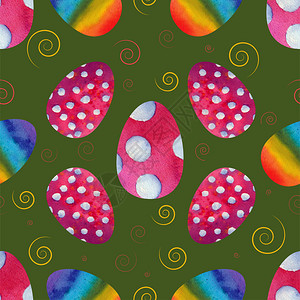 装饰品象征在绿色背景的五颜六复活节彩蛋无缝的样式水彩例证在绿色背景的五颜六复活节彩蛋无缝的样式水彩背景图片