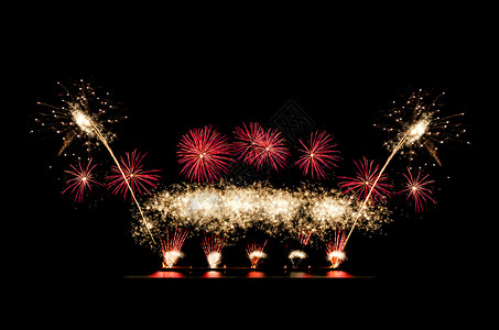 在黑天空上展示红安金花火复制欢迎文本的庆祝和周年纪念活动空间庆祝和纪念日概金的红色白背景图片