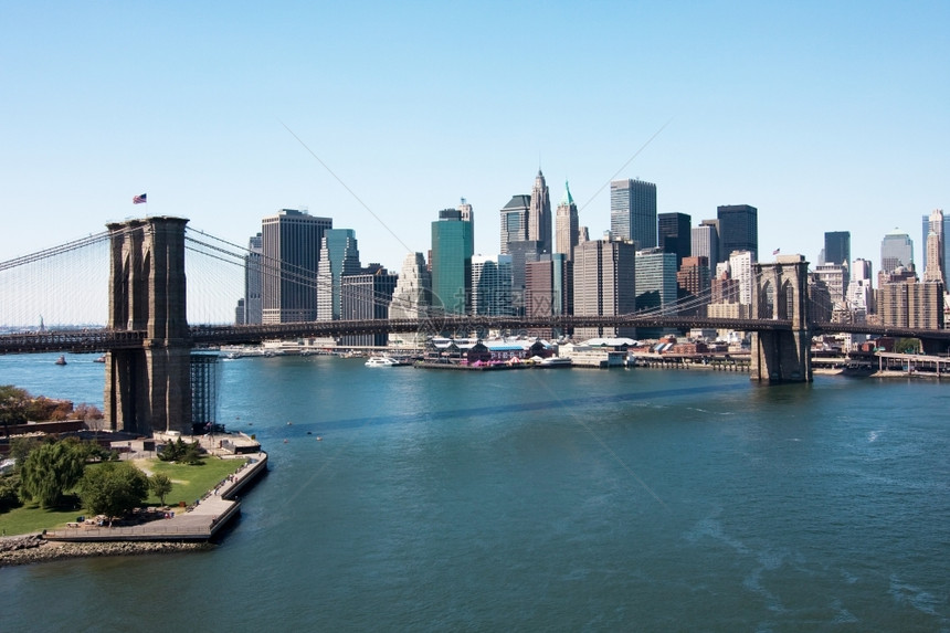 细节城市的布鲁克林桥和下曼哈顿纽约旅行图片