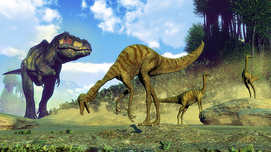 捕食者打猎霸王龙令人惊讶的鸡腿恐龙在白天成群3D渲染霸王龙令人惊讶的鸡腿恐龙渲染雷克斯背景图片