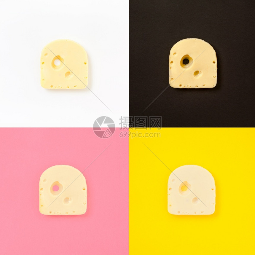创概念式最高视野的奶酪片拼图平整的彩色方格复制空间以最小风格在粗黄色粉红白黑背景上隔离明亮的白色层数图片