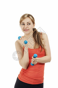 配有哑铃的体操可爱女子在白色背景下玩着哑铃钟人们锻炼图片