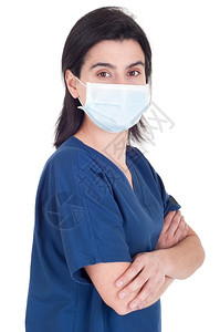 卫生保健职业身戴面罩带着自信的年轻女医生在白色背景上与世隔绝微笑图片