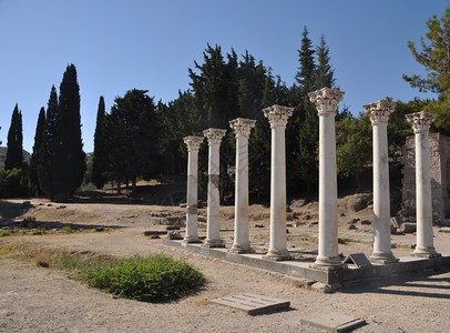 经过七叶树希腊科斯波克拉底人造的古老医院阿斯克莱皮尼奥的历史废墟景观图片