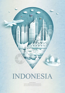 旅游宣传册整套纸市中心城的印度尼西亚旅游建筑标志洲古老和城市现代建筑商业旅行海报和明信片在亚洲的印度尼西旅行建筑纪念碑挂钉标有Asia建筑图示背景