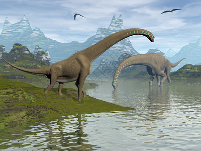 泰坦爬虫使成为灭绝法拉菲坦恐龙白天在风景中行走3D使法拉菲坦恐龙变成3D设计图片
