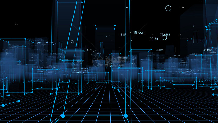3D从网络空间和信息存储中的数据向抽象技术数字城市展示信息空间存储中的抽象技术沟通夜晚插图图片