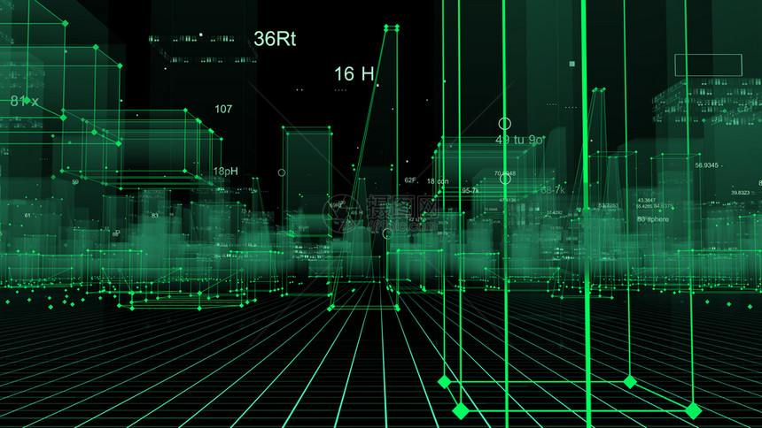 3D从网络空间和信息存储中的数据向抽象技术数字城市展示信息空间存储中的抽象技术未来派建筑学渲染图片