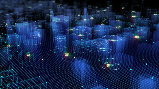 伪蓝色的摩天大楼3D从网络空间和信息存储中的数据向抽象技术数字城市展示信息空间存储中的抽象技术全景设计图片