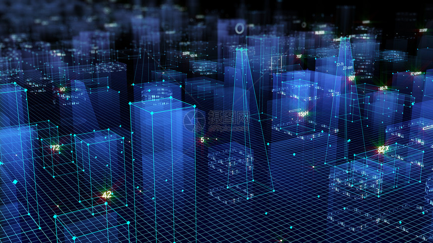 形象的插图3D从网络空间和信息存储中的数据向抽象技术数字城市展示信息空间存储中的抽象技术城市景观图片