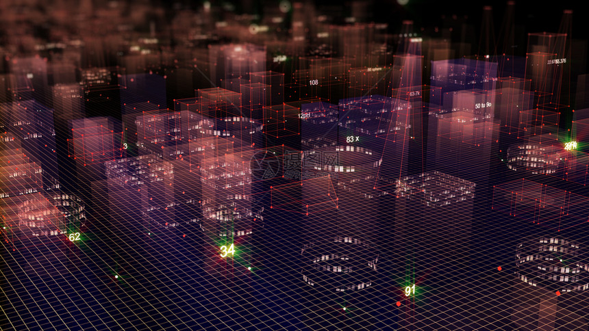 摩天大楼明亮的3D从网络空间和信息存储中的数据向抽象技术数字城市展示信息空间存储中的抽象技术贮存图片