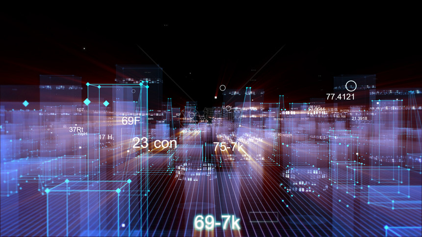 3D利用网络空间信息存储中的数据将抽象技术数字城市转换为全景现代的复杂图片