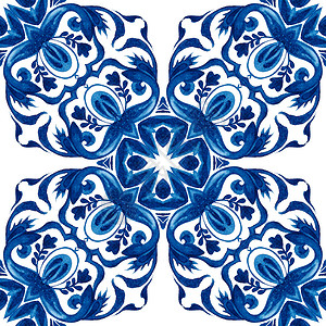 伊西翁奖章蓝色达马斯克手工拖洗无缝图案葡萄牙装饰和西班陶瓷砖瓦启发了Azulejo花卉模型设计高丽无缝中地瓷砖底板设计无缝陶瓷抽象的主插画
