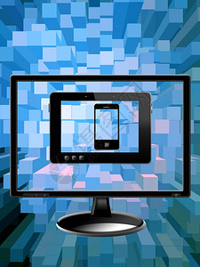 蓝色的广告抽象背景黑监视平板电脑和现代移动话的蓝色抽象背景称呼图片
