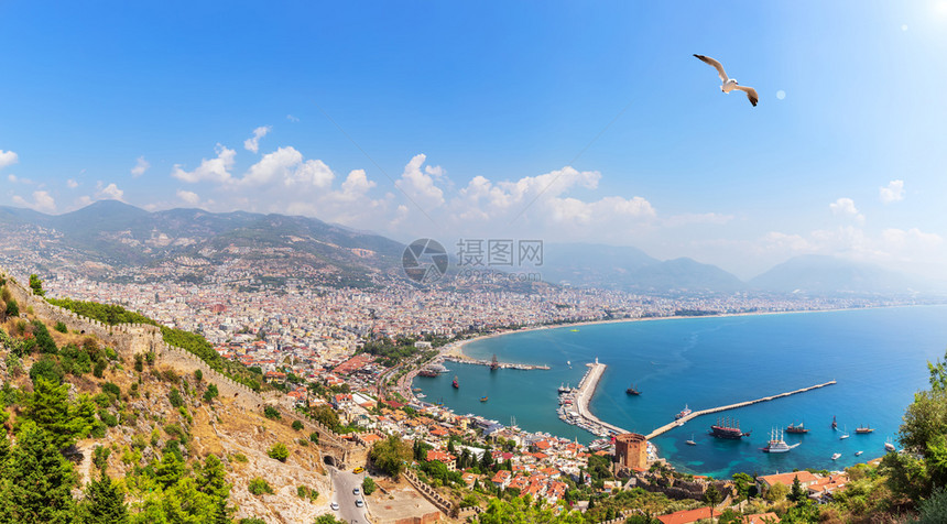 山树火鸡阿拉尼亚港口土耳其阿拉尼亚城堡全景港口阿拉尼亚土耳其阿拉尼亚城堡全景图片