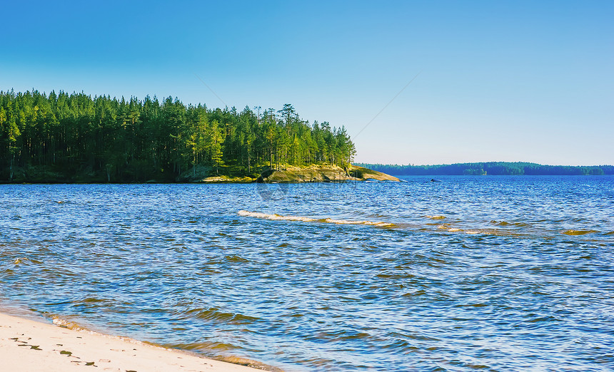 Karelian海景在阳光明媚的白天日落之在奥内加卡里连海景湖蓝色波浪中有花岗岩和松林的角旅游松树岬图片