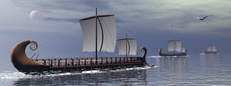 三艘希腊河角帆船在海上由满月的希腊三角艇3D制成希腊语鸟老的图片