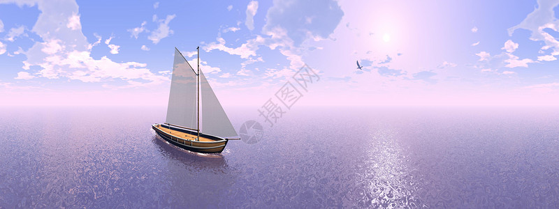一艘帆船在日落前漂浮海鸥附近的水域上360度影响航船360度影响3D运输木制的形象设计图片