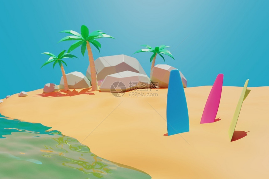 美丽的夏海滩冲浪板沙子棕榈树背景动画3D晴天海浪图片