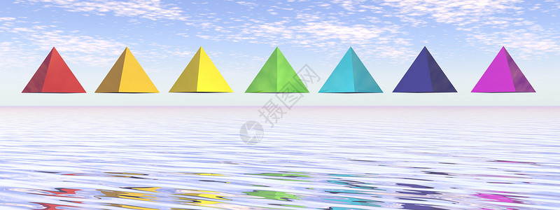 查克拉湖每天水面上七个查克拉符号柱子3D变成七查克拉金字塔3D形象的活力花设计图片