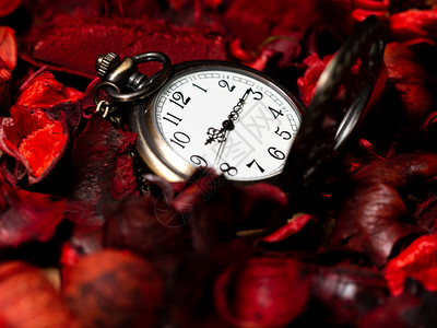 红色的静态复古金旧手表放在木桌上红干鲜花和香味图片