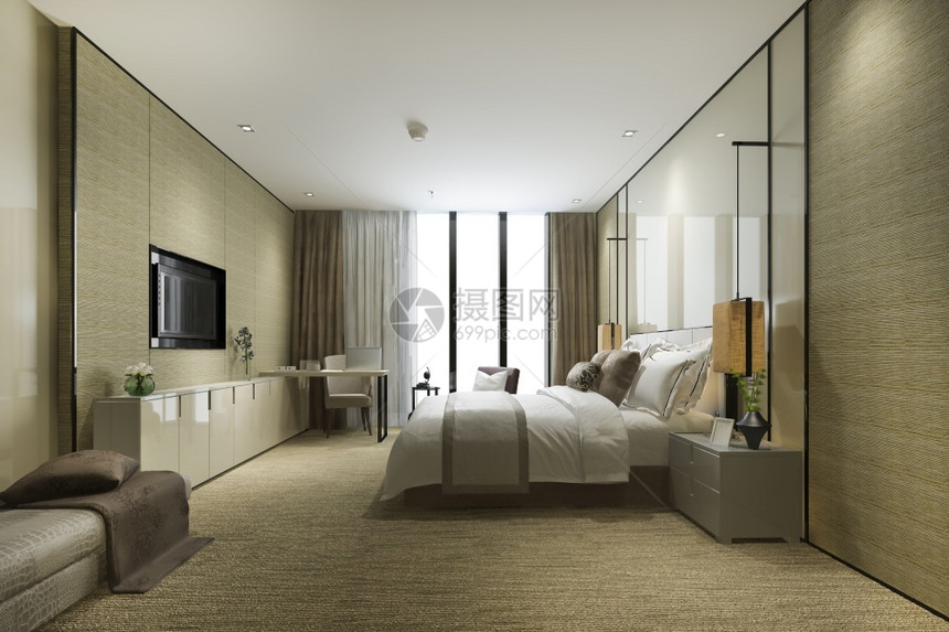 3d提供豪华卧室套房在度假胜地高楼酒店加缓冲垫墙裙子当代的图片