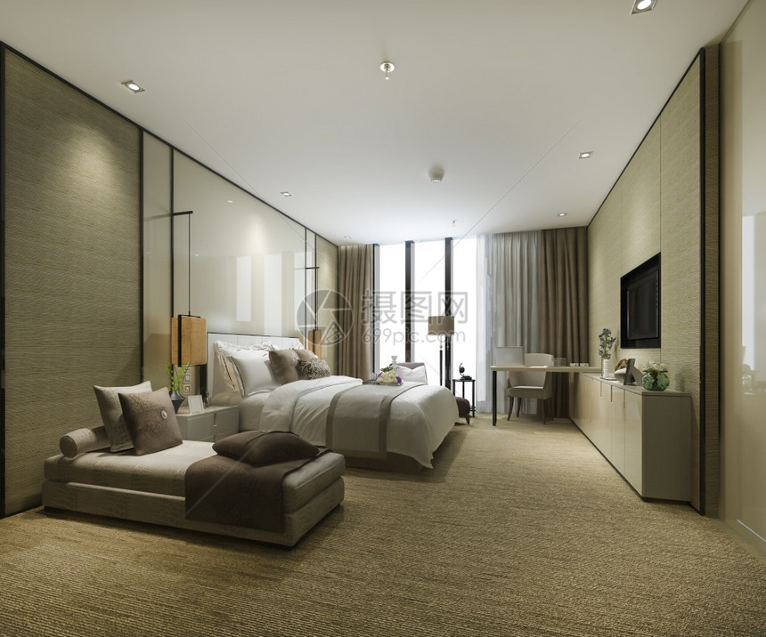 渲染建成沙发3d提供豪华卧室套房在度假胜地高楼酒店加缓冲垫图片