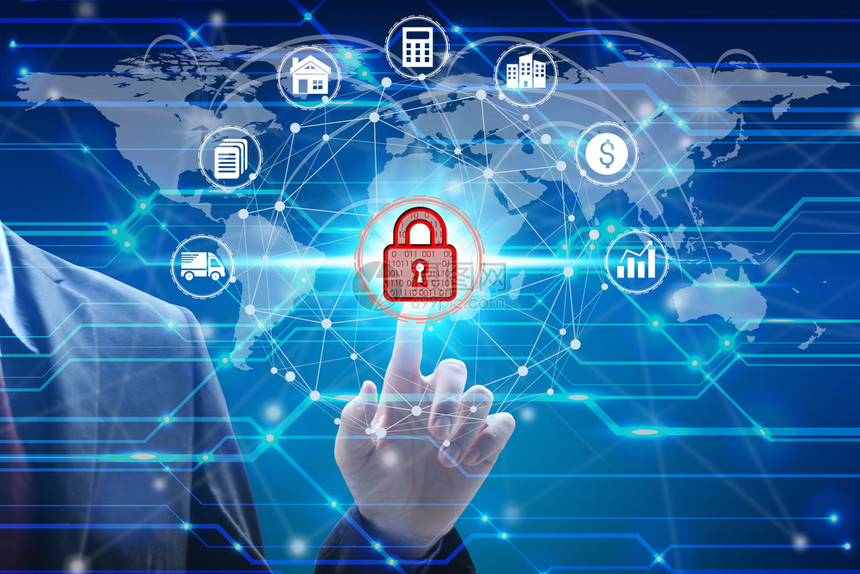 象征抽的商人在网络连接安全数据保护商业技术隐私概念上触摸虚拟挂锁的图标网上安全数据保护商业技术隐私权概念触碰图片