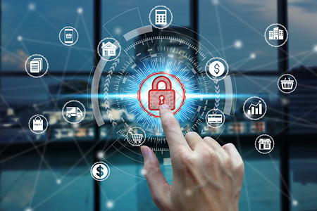商人在网络连接安全数据保护商业技术隐私概念上触摸虚拟挂锁的图标网上安全数据保护商业技术隐私权概念在线的抽象私人设计图片