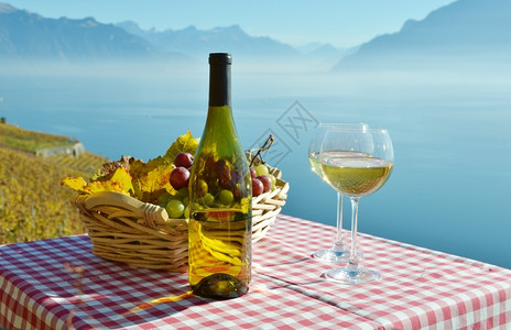 咖啡店瑞士日内瓦湖的葡萄酒和争夺瑞士日内瓦湖玻璃秋天图片