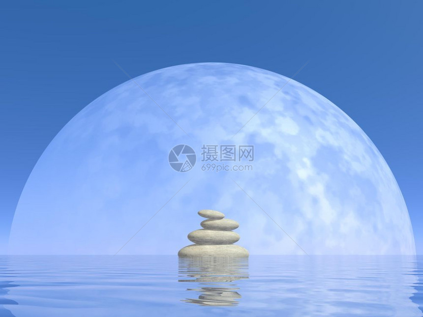 反射月亮白宝石在大满月前的水面明亮夜晚平衡3D之上图片