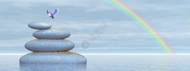 动物美丽的蓝鸟飞在彩虹下水的石头上明亮一天鸟和平3D数字经过图片