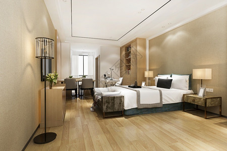 室内的放松休息3d在酒店提供豪华现代卧室套房和餐桌图片