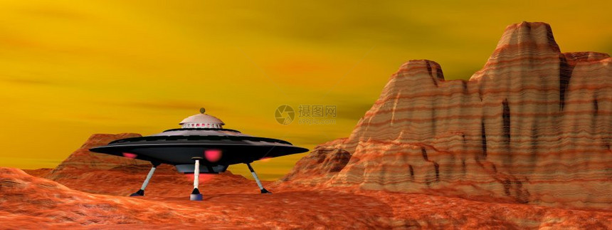 天空日落时有灯光降在沙漠风景中的UFO登陆3D神秘未来派图片